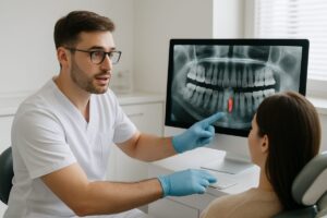 Image of a dentist speaking with a patient, pointing to a digital scan of the patient's mouth highlighting where a dental implant could be placed. No text on the image.