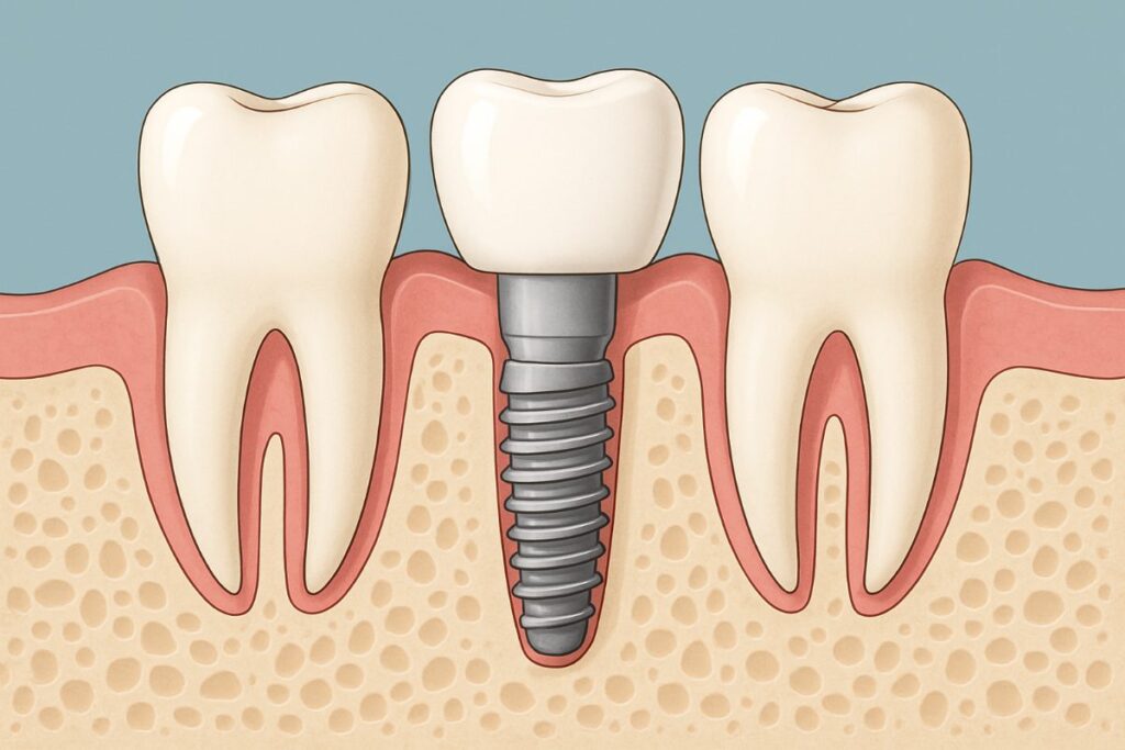 Image of a dentist explaining the process of dental implantology to a patient, using a 3D model of a jaw with implants. No text on image.