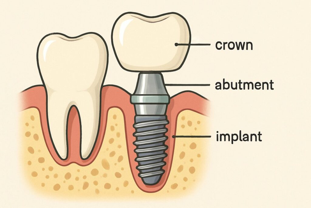 An animated diagram showing a molar implant being placed in the jawbone, with labels indicating the implant, abutment, and crown. No text on the image.