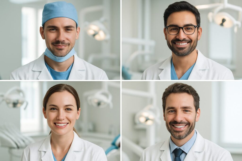 A collage of four headshots, each depicting a different dental specialist: an oral surgeon, a periodontist, a prosthodontist, and a general dentist. No text on the image.