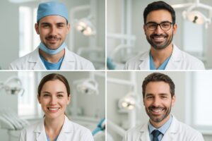 A collage of four headshots, each depicting a different dental specialist: an oral surgeon, a periodontist, a prosthodontist, and a general dentist. No text on the image.