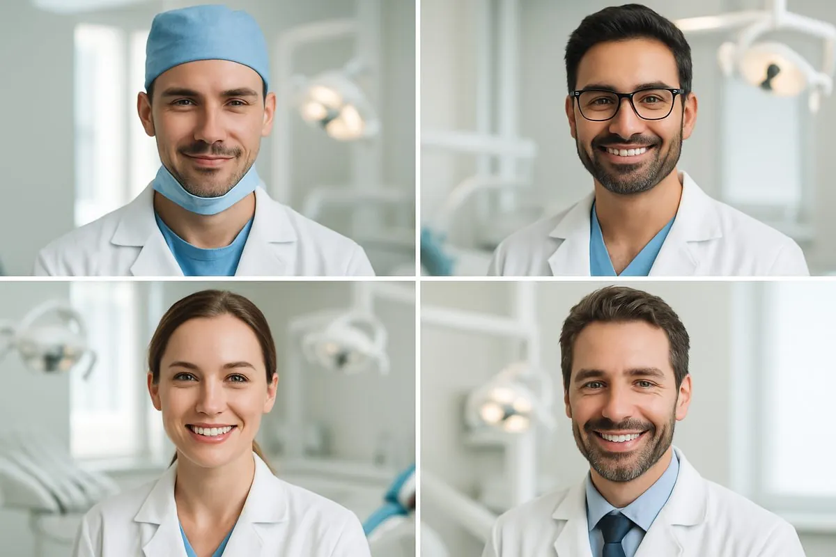A collage of four headshots, each depicting a different dental specialist: an oral surgeon, a periodontist, a prosthodontist, and a general dentist. No text on the image.
