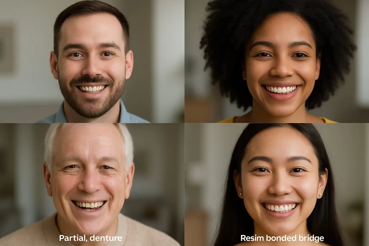Image of a diverse group of people smiling, each with a different tooth replacement option: dental implant, fixed bridge, partial denture, and resin-bonded bridge. No text on image.