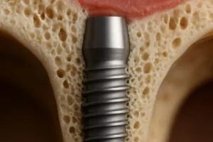 Close up image of a titanium dental implant integrating with a human jaw bone, demonstrating osseointegration. No text on image.