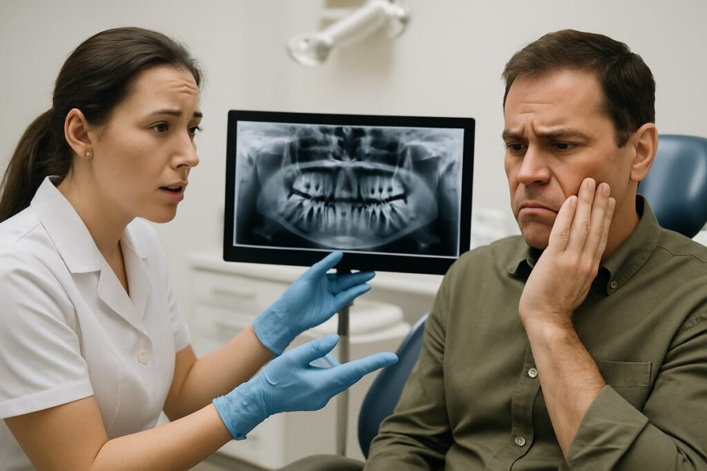 A concerned patient sits in a dental chair as a dentist explains why they might not be a good candidate for dental implants, using a digital x-ray as a visual aid. No text on the image.