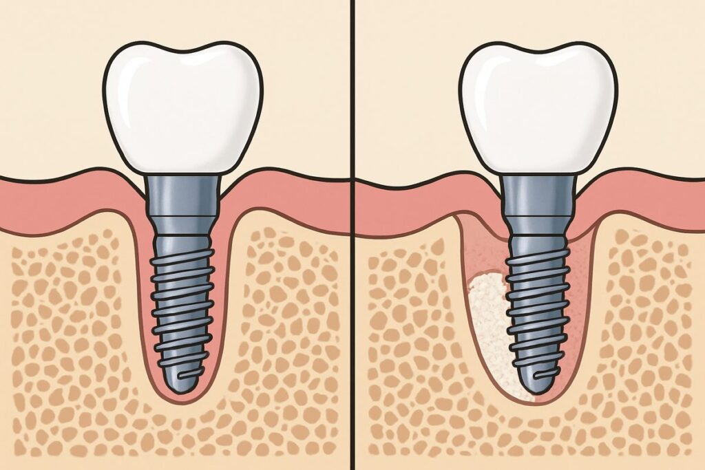 An animated diagram showing a dental implant being placed in a jaw with adequate bone support, compared to another implant needing a bone graft due to insufficient bone. No text on the image.