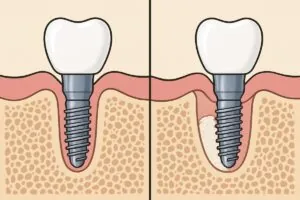 An animated diagram showing a dental implant being placed in a jaw with adequate bone support, compared to another implant needing a bone graft due to insufficient bone. No text on the image.