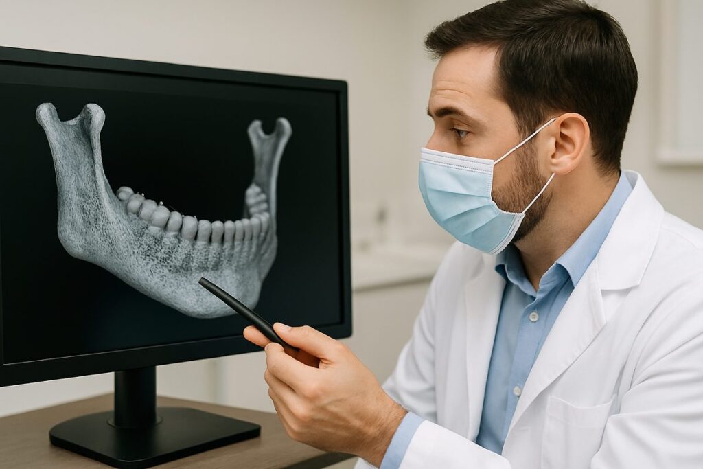 A dentist is reviewing a 3D scan of a patient's jawbone, pointing to areas of concern and explaining the importance of bone density for dental implant eligibility. No text on image.