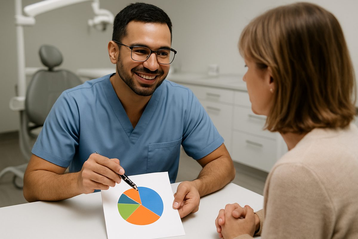 Photo of a dentist sitting down with a patient, going over the costs associated with dental implant treatment. Graph is on the table, with a pie chart showing the different fees. No text on image.
