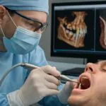 A dentist is placing a dental implant into a patient's jaw, with digital planning tools visible in the background. The image should convey precision and modern technology, to reinforce replacing teeth with implants. No text on image.