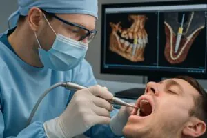 A dentist is placing a dental implant into a patient's jaw, with digital planning tools visible in the background. The image should convey precision and modern technology, to reinforce replacing teeth with implants. No text on image.