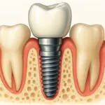 A detailed, colorful tooth implant diagram showcasing the key components: the implant fixture (root), abutment (connector), prosthetic crown, surrounding bone, and gum tissue. No text on image.