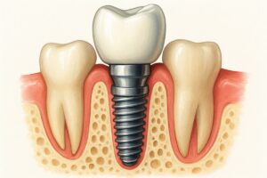 A detailed, colorful tooth implant diagram showcasing the key components: the implant fixture (root), abutment (connector), prosthetic crown, surrounding bone, and gum tissue. No text on image.