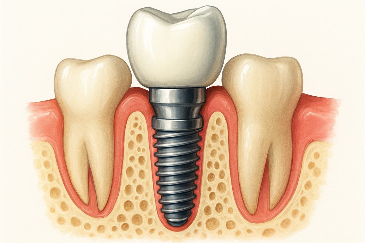 A detailed, colorful tooth implant diagram showcasing the key components: the implant fixture (root), abutment (connector), prosthetic crown, surrounding bone, and gum tissue. No text on image.