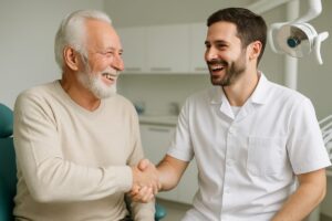 Photo of a smiling senior man shaking hands with his dentist, both are happy to have completed a dental implant procedure. No text on the image.