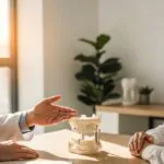 Dentist consulting a patient about dental implants in a modern setting
