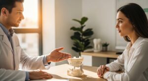Dentist consulting a patient about dental implants in a modern setting