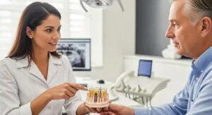 Dentist explaining dental implant lifespan to a patient in a modern clinic setting