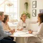 A dentist consulting with a family in a modern dental office