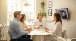 A dentist consulting with a family in a modern dental office
