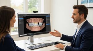 Patient consultation at a dental office with implant planning