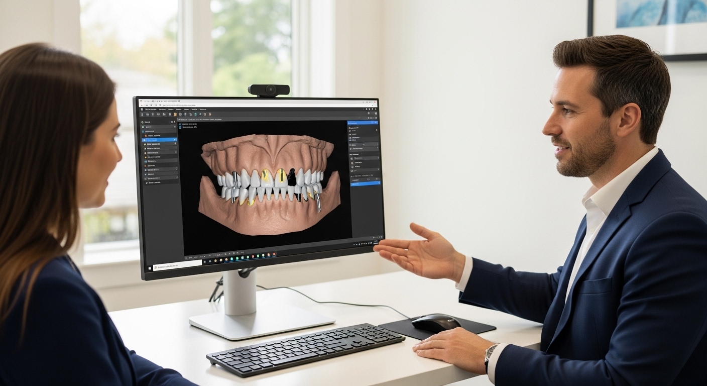 Patient consultation at a dental office with implant planning