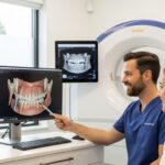 Dentist consulting a patient about dental implants in a modern clinic