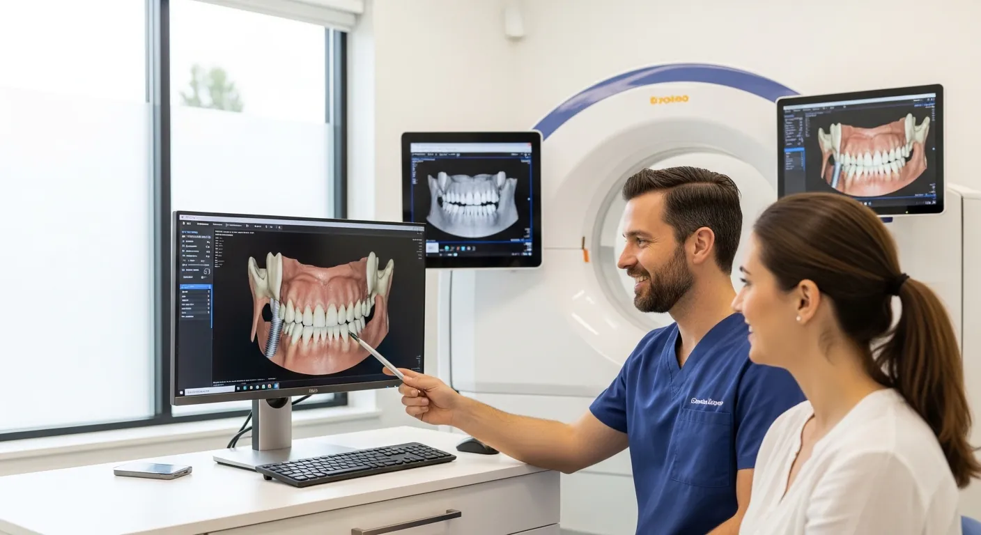 Dentist consulting a patient about dental implants in a modern clinic